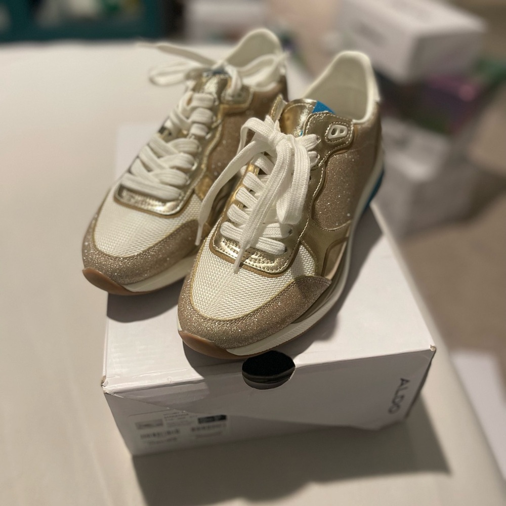 Aldo Metallic Gold and White Sneakers